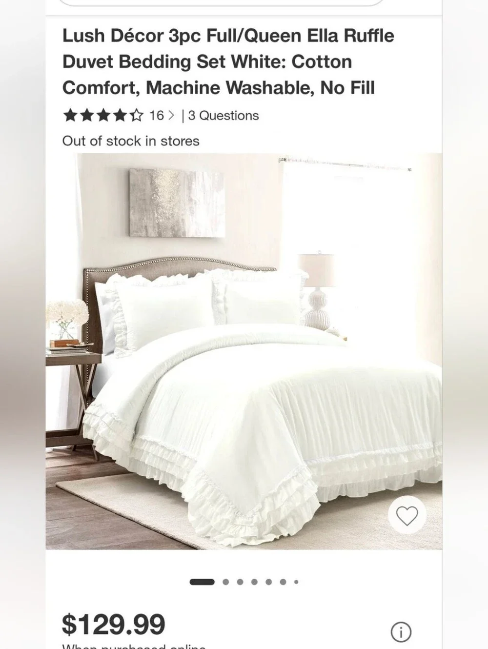 Lush Décor 3pc Full/Queen Ella Ruffle Duvet Bedding Set White NO FILL